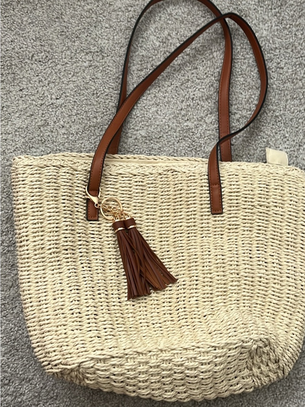 Woven Straw Tote Bag with Brown Tassel and Straps